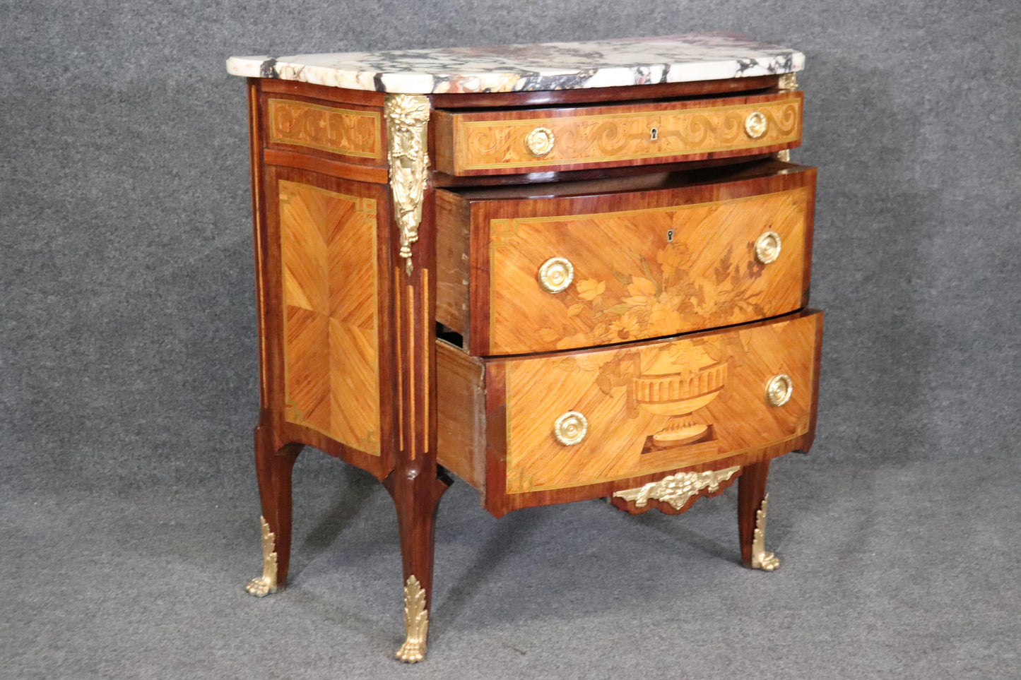 Museum Quality Restored 19th Century Inlaid Marble Top Louis XV Bronze Commode