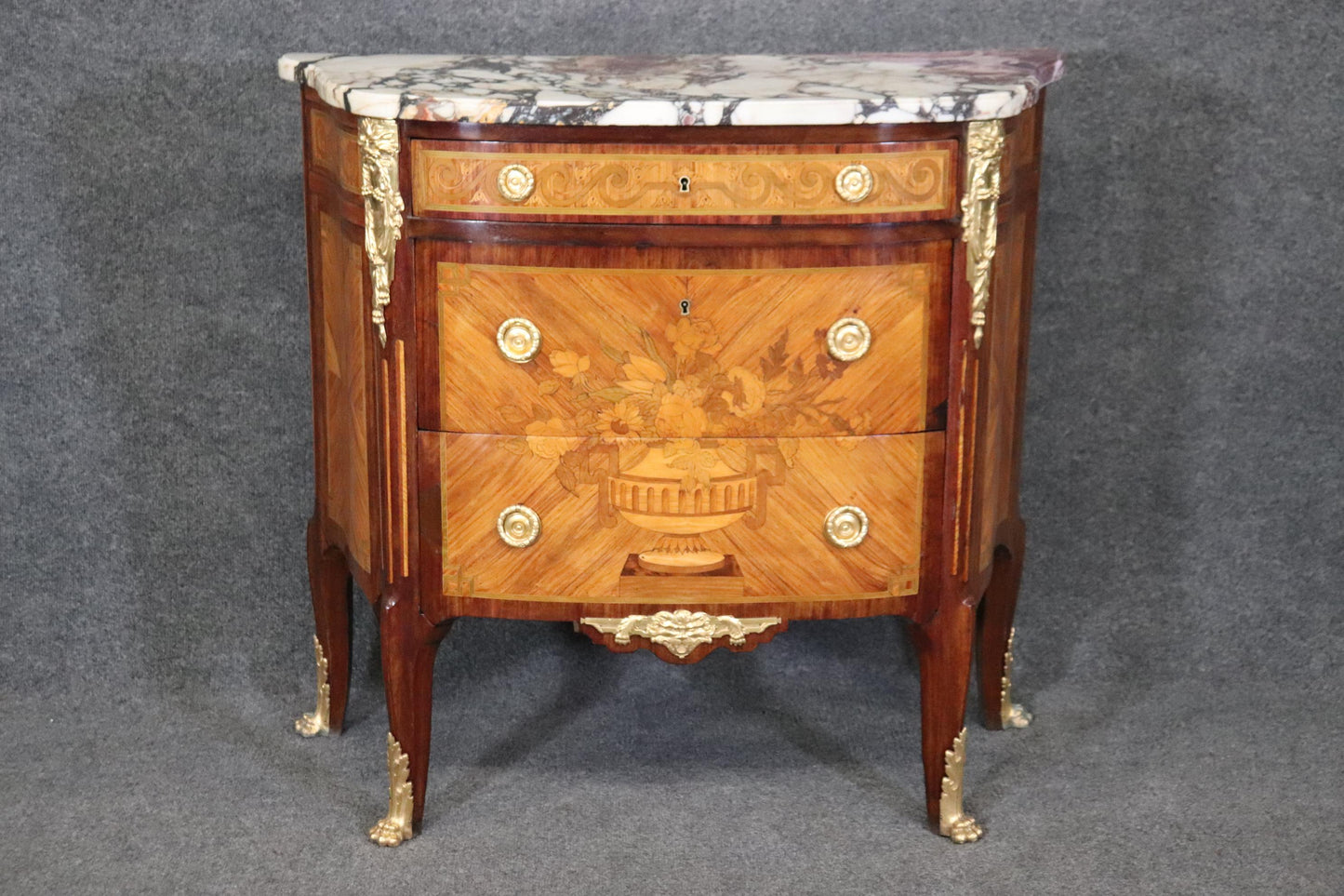 Museum Quality Restored 19th Century Inlaid Marble Top Louis XV Bronze Commode