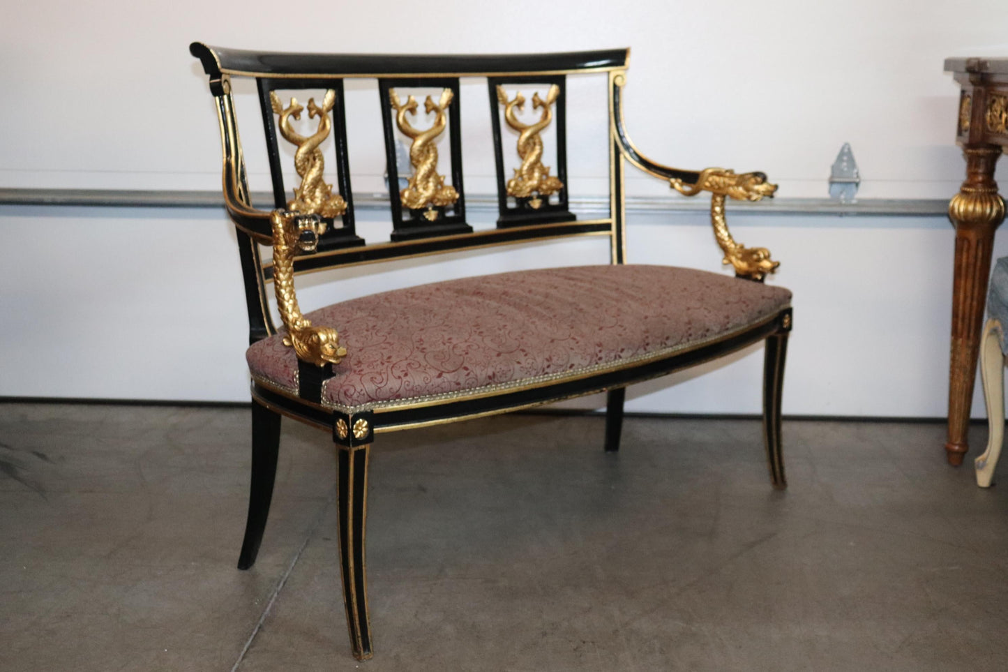 French Empire Style Ebonized Giltwood Carved Dolphins Settee Circa 1950