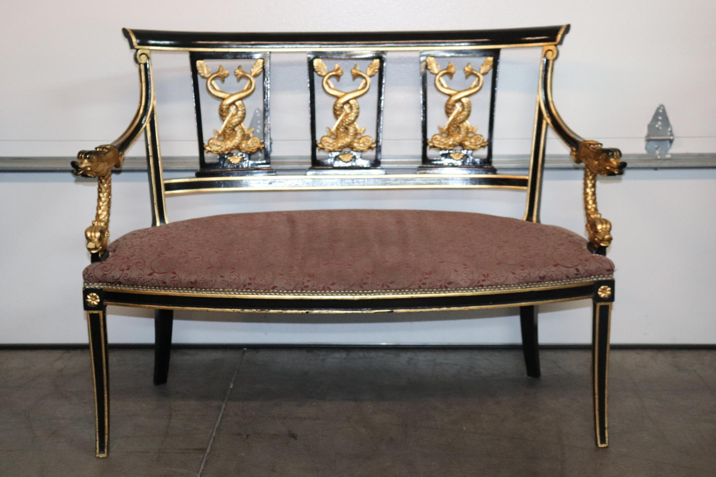 French Empire Style Ebonized Giltwood Carved Dolphins Settee Circa 1950