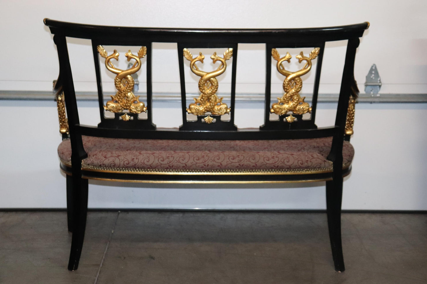 French Empire Style Ebonized Giltwood Carved Dolphins Settee Circa 1950