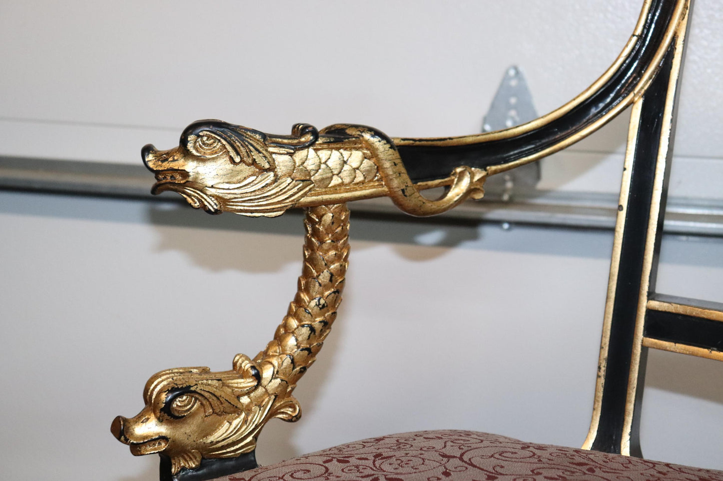 French Empire Style Ebonized Giltwood Carved Dolphins Settee Circa 1950