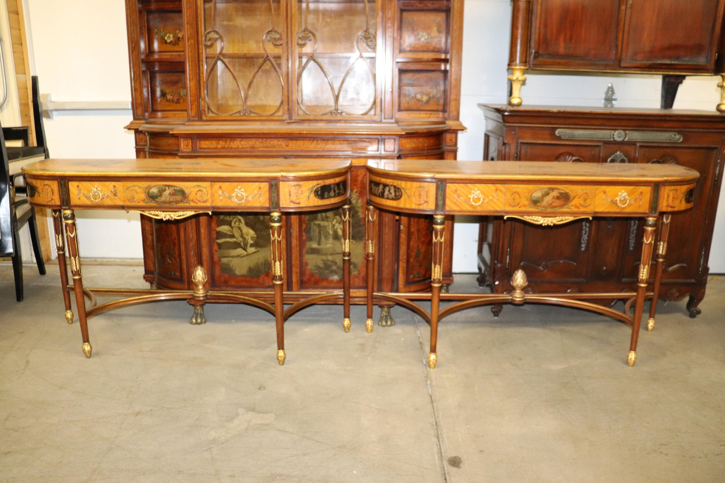 Fine Quality Paint Decorated Adams Satinwood Demilune Console Tables Circa 1900