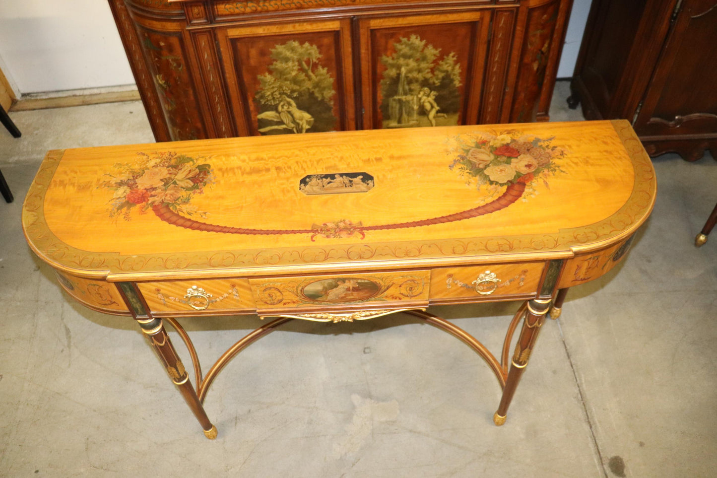 Fine Quality Paint Decorated Adams Satinwood Demilune Console Tables Circa 1900