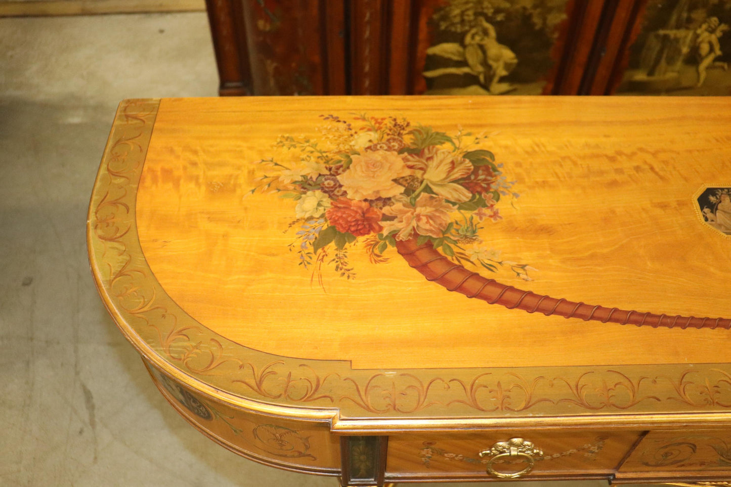 Fine Quality Paint Decorated Adams Satinwood Demilune Console Tables Circa 1900