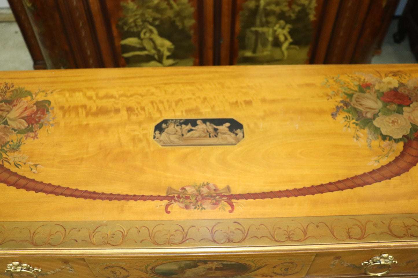 Fine Quality Paint Decorated Adams Satinwood Demilune Console Tables Circa 1900