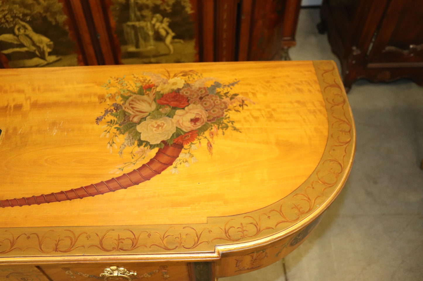 Fine Quality Paint Decorated Adams Satinwood Demilune Console Tables Circa 1900