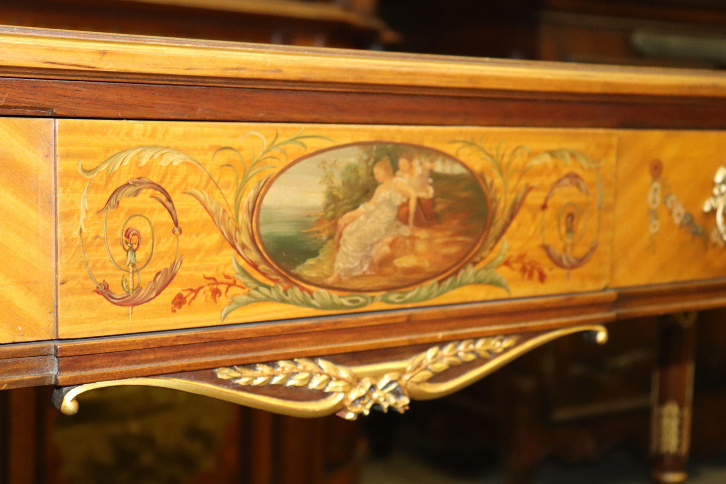 Fine Quality Paint Decorated Adams Satinwood Demilune Console Tables Circa 1900