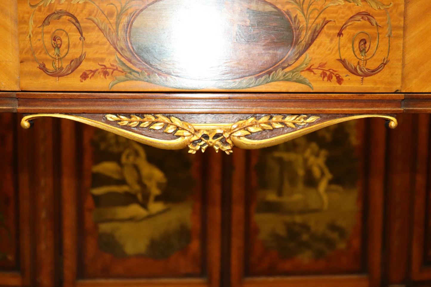 Fine Quality Paint Decorated Adams Satinwood Demilune Console Tables Circa 1900