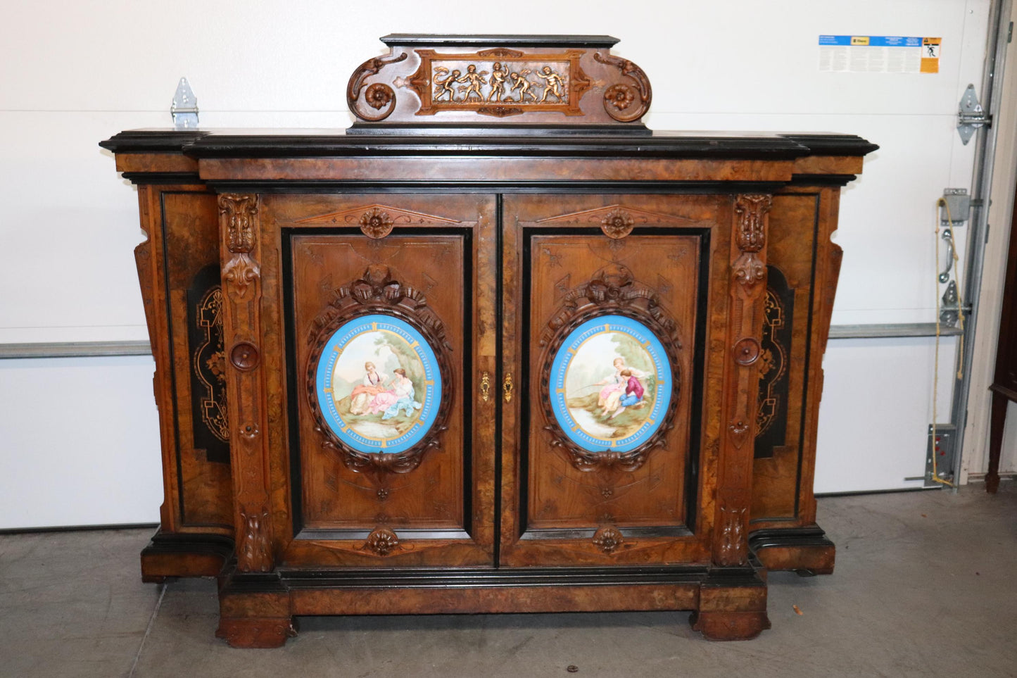 Attr. Pottier & Stymus Burled Walnut Porcelain Sevres Style Placques Credenza