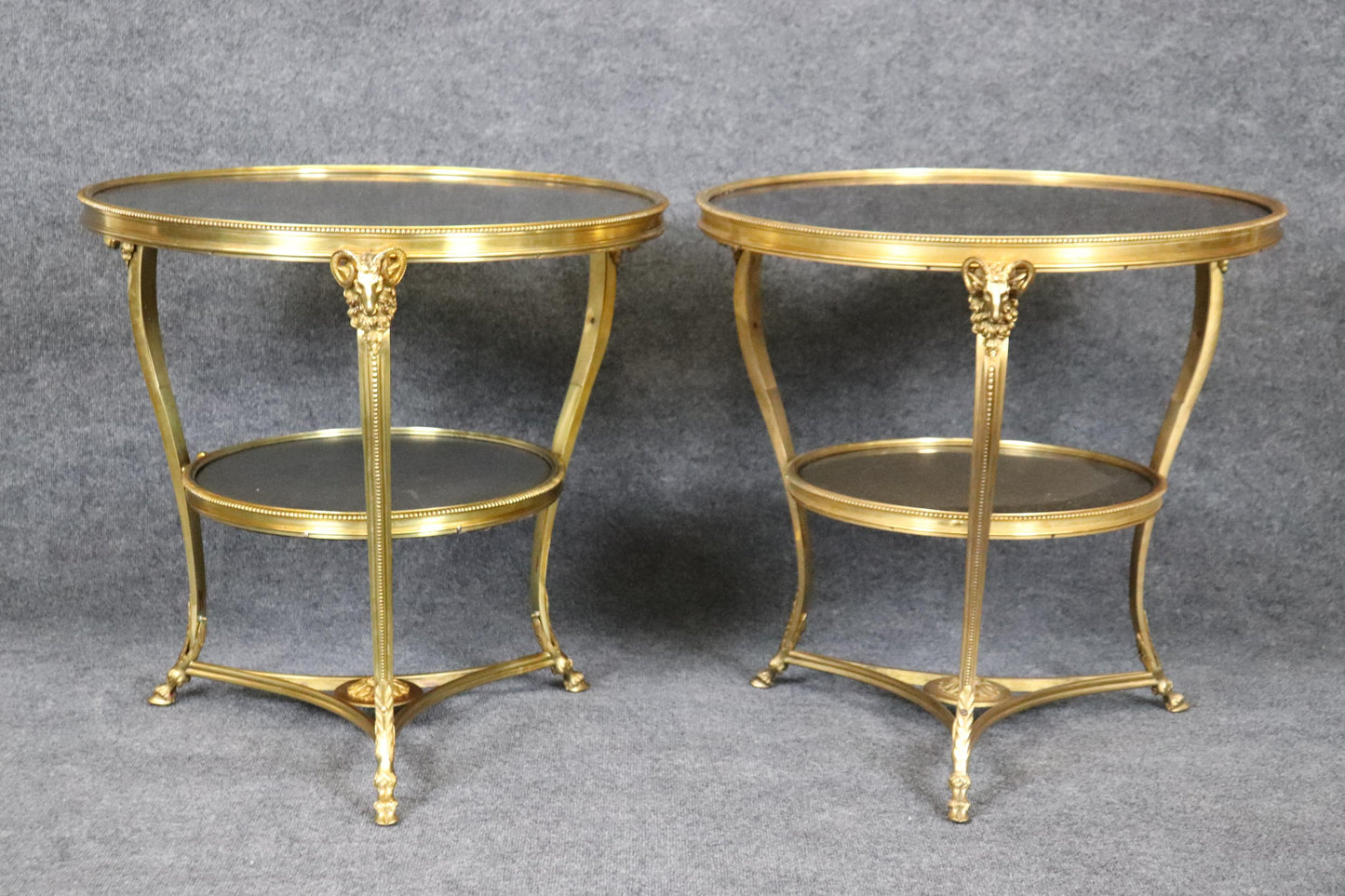 Pair Directoire Highly Naturalistic Rams Head Dore' Bronze Marble Top Gueridons