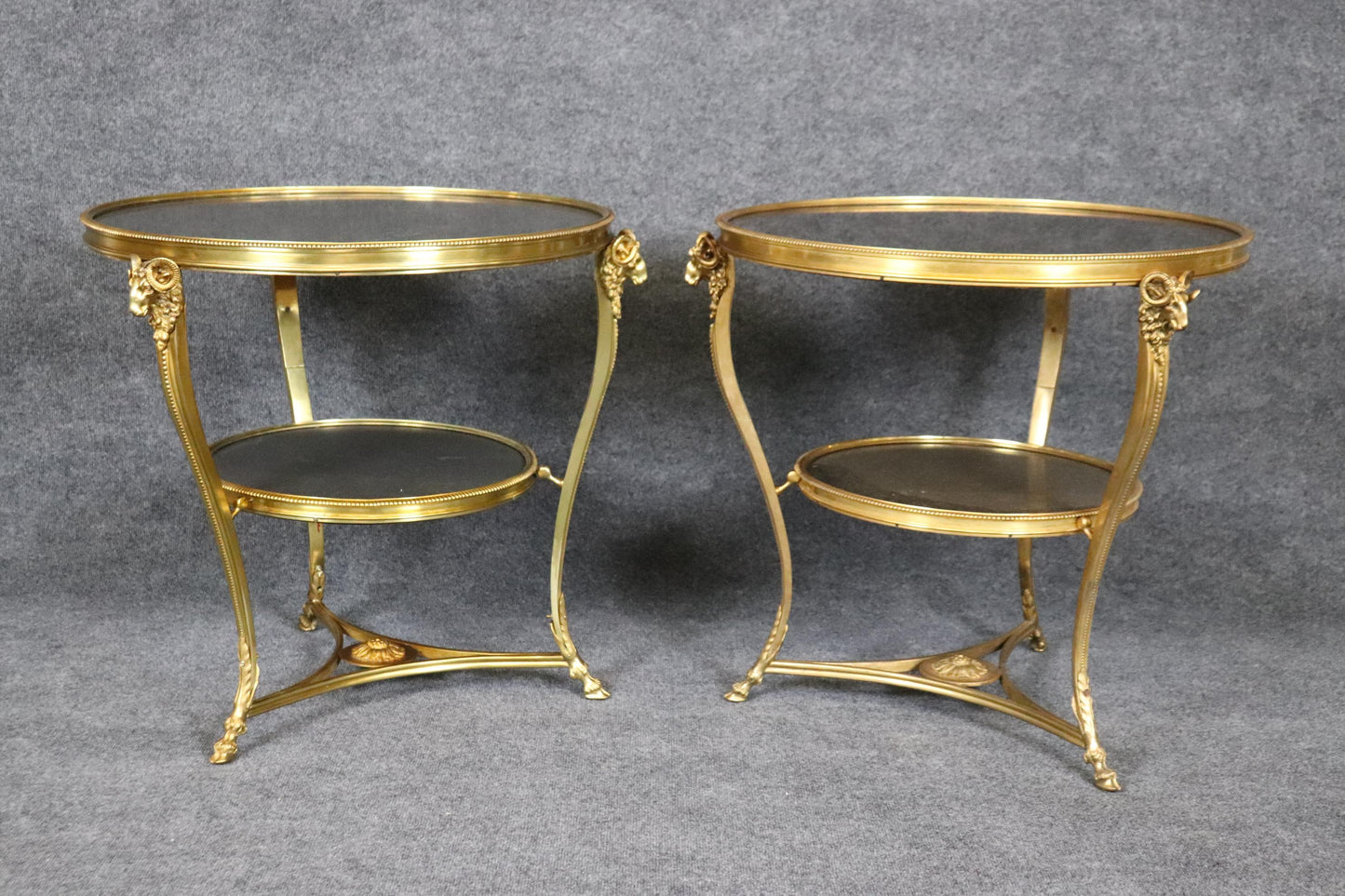 Pair Directoire Highly Naturalistic Rams Head Dore' Bronze Marble Top Gueridons