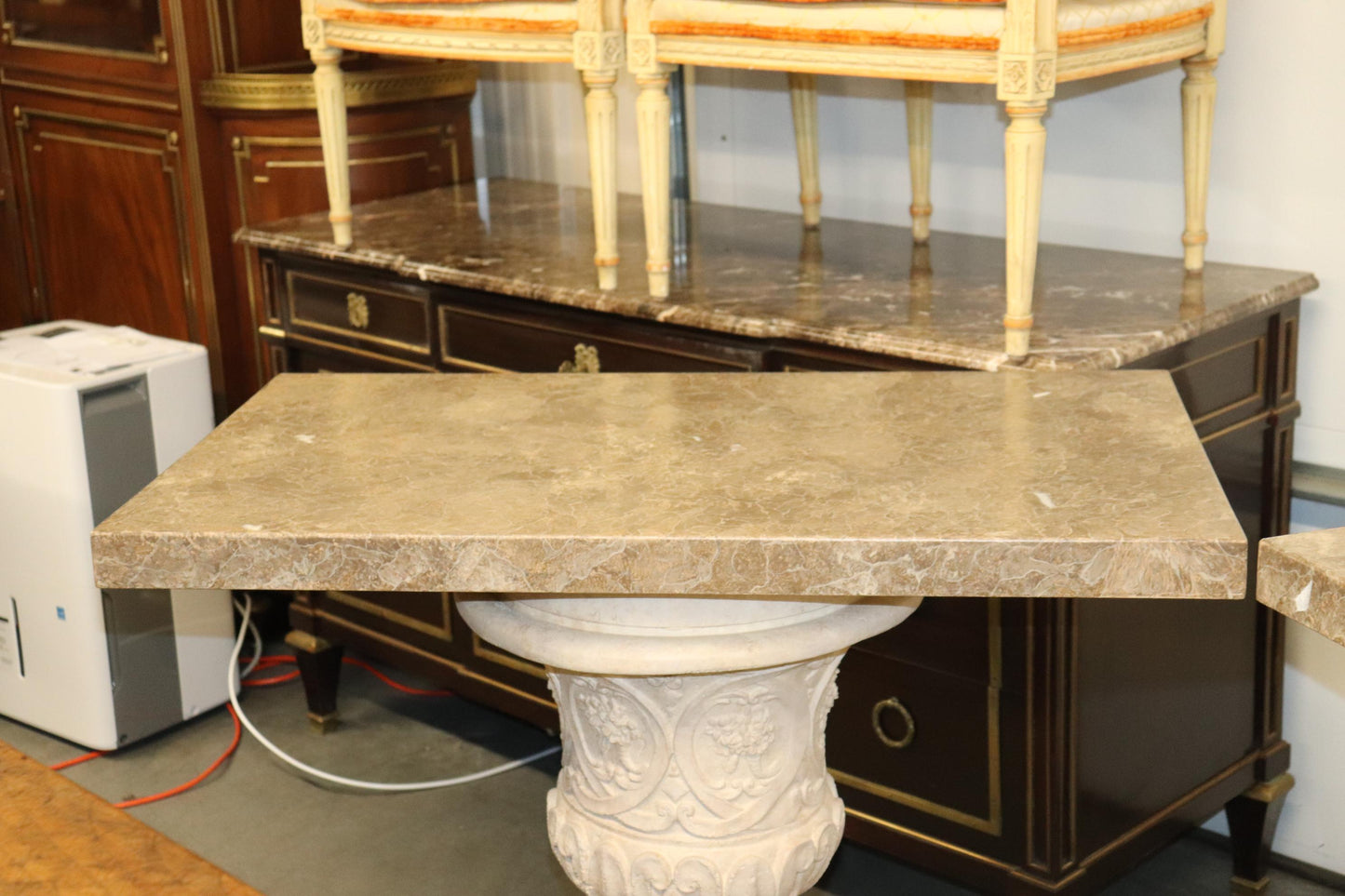 Fine Pair Italian Neoclassical Style Faux Marble Urn Console Tables