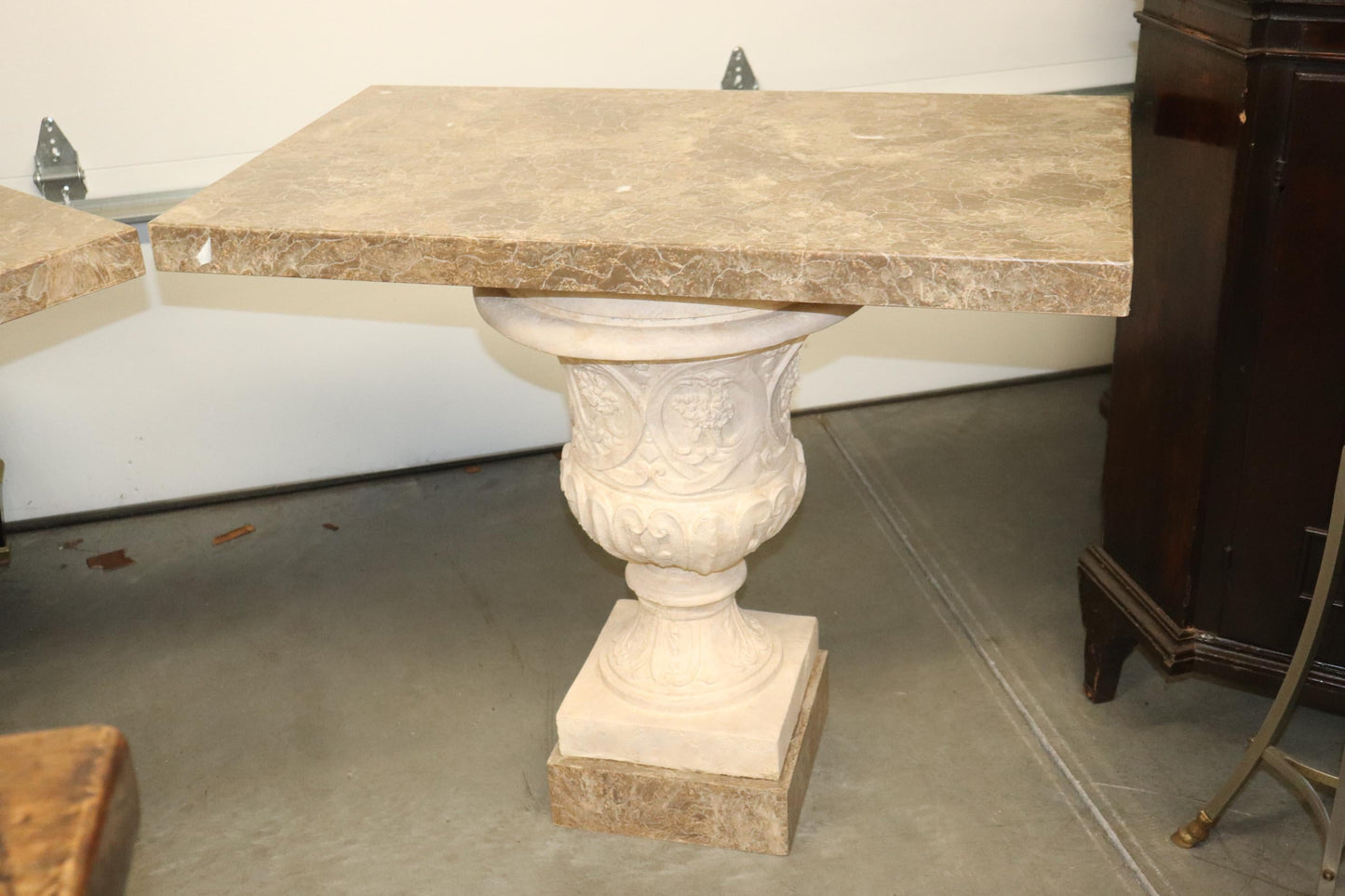 Fine Pair Italian Neoclassical Style Faux Marble Urn Console Tables