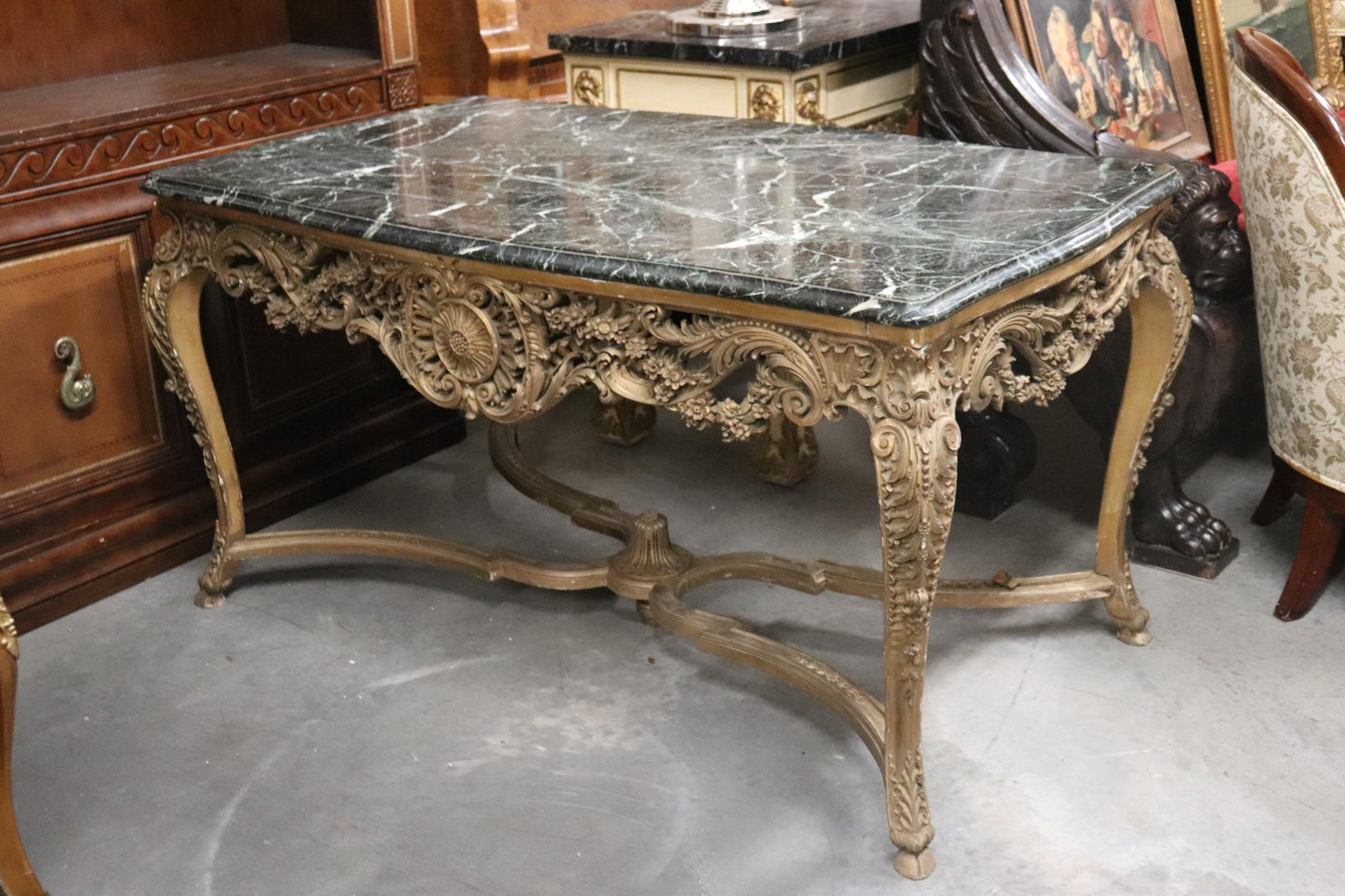 Finely Carved Gilded French Verdi Green Marble Louis XV Center Table circa 1890s