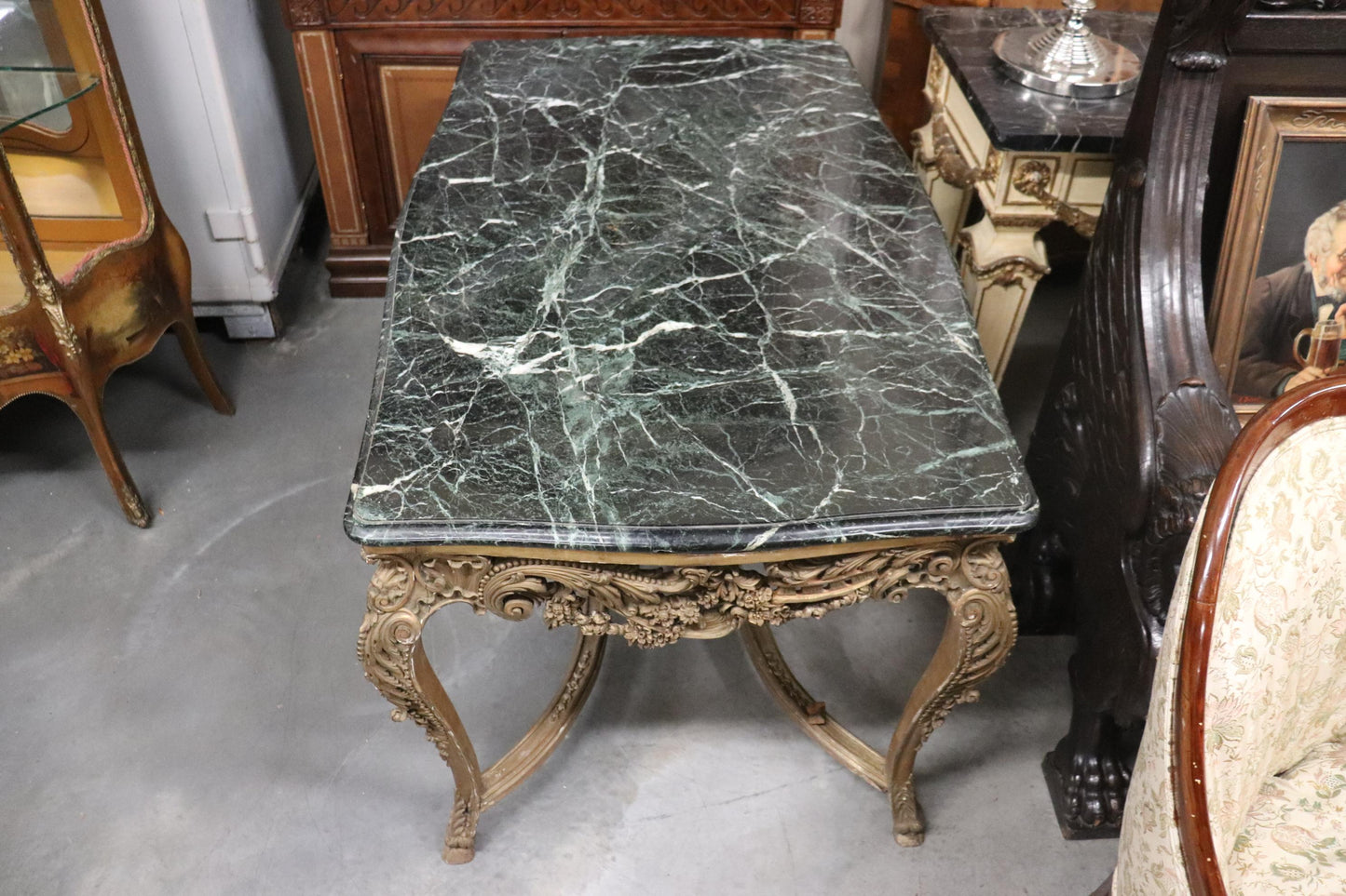 Finely Carved Gilded French Verdi Green Marble Louis XV Center Table circa 1890s