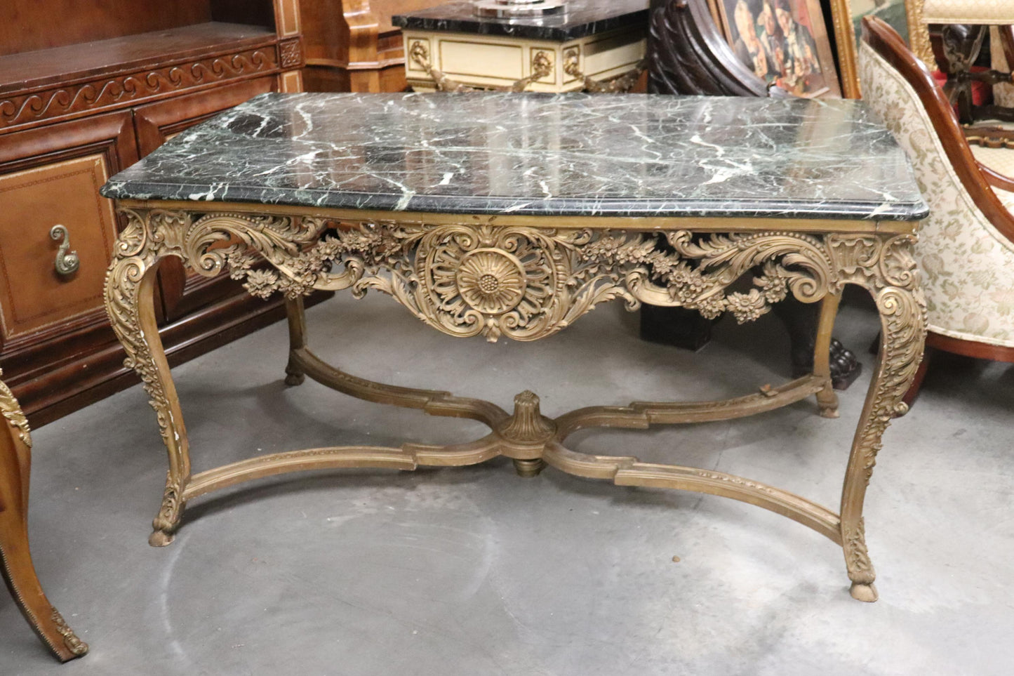 Finely Carved Gilded French Verdi Green Marble Louis XV Center Table circa 1890s