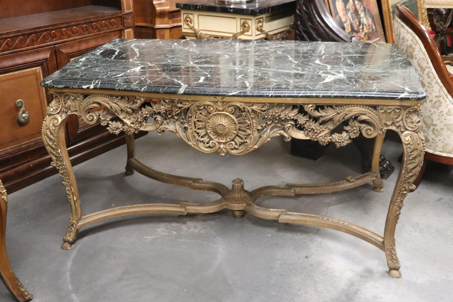 Finely Carved Gilded French Verdi Green Marble Louis XV Center Table circa 1890s