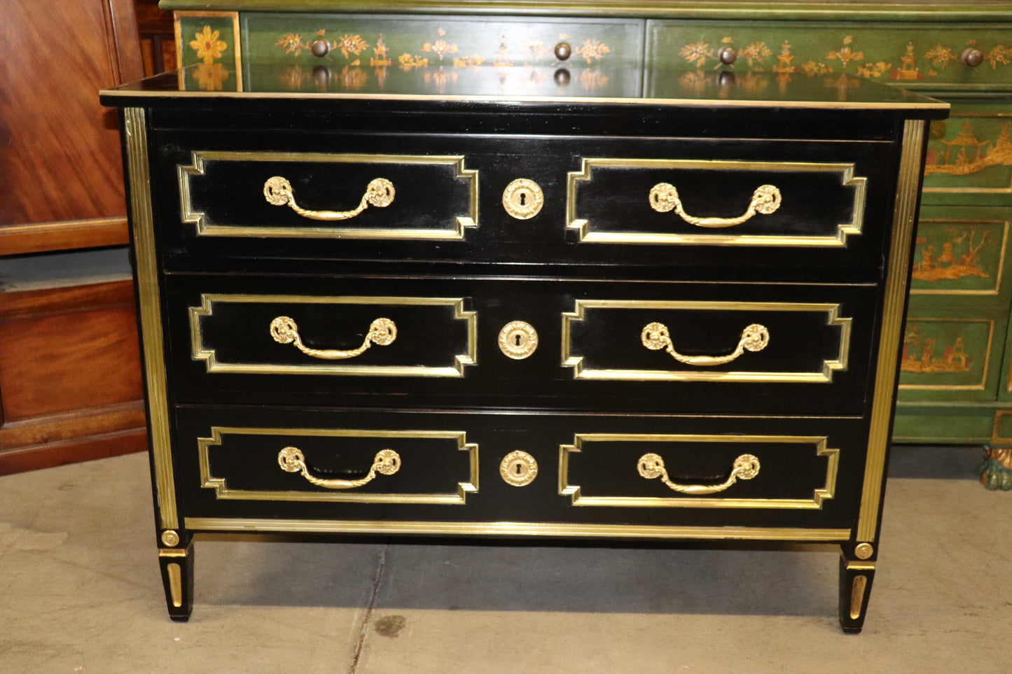 French Directoire Heavily Brass Inlaid Ebonized Commode Circa 1940 Jansen