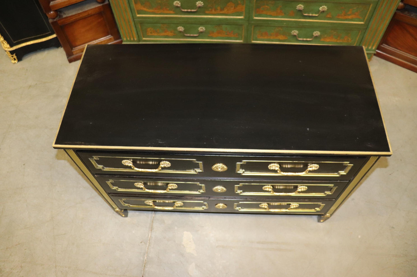 French Directoire Heavily Brass Inlaid Ebonized Commode Circa 1940 Jansen