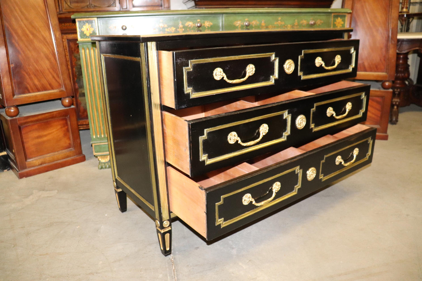 French Directoire Heavily Brass Inlaid Ebonized Commode Circa 1940 Jansen