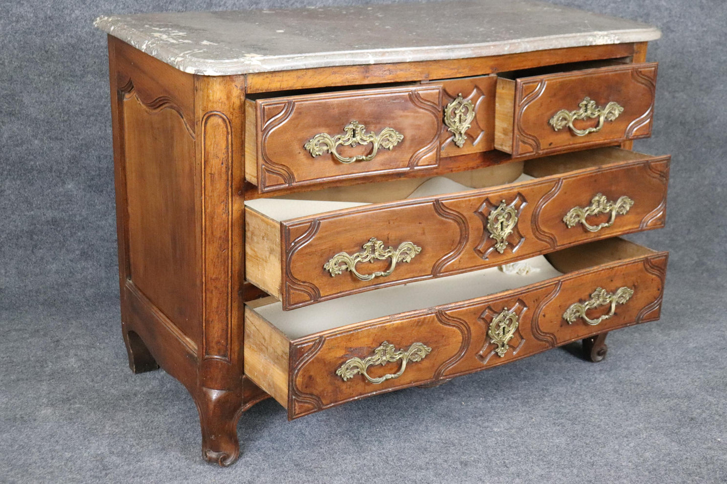 Period French Louis XV Walnut Marble Top Bronze Mounted Commode