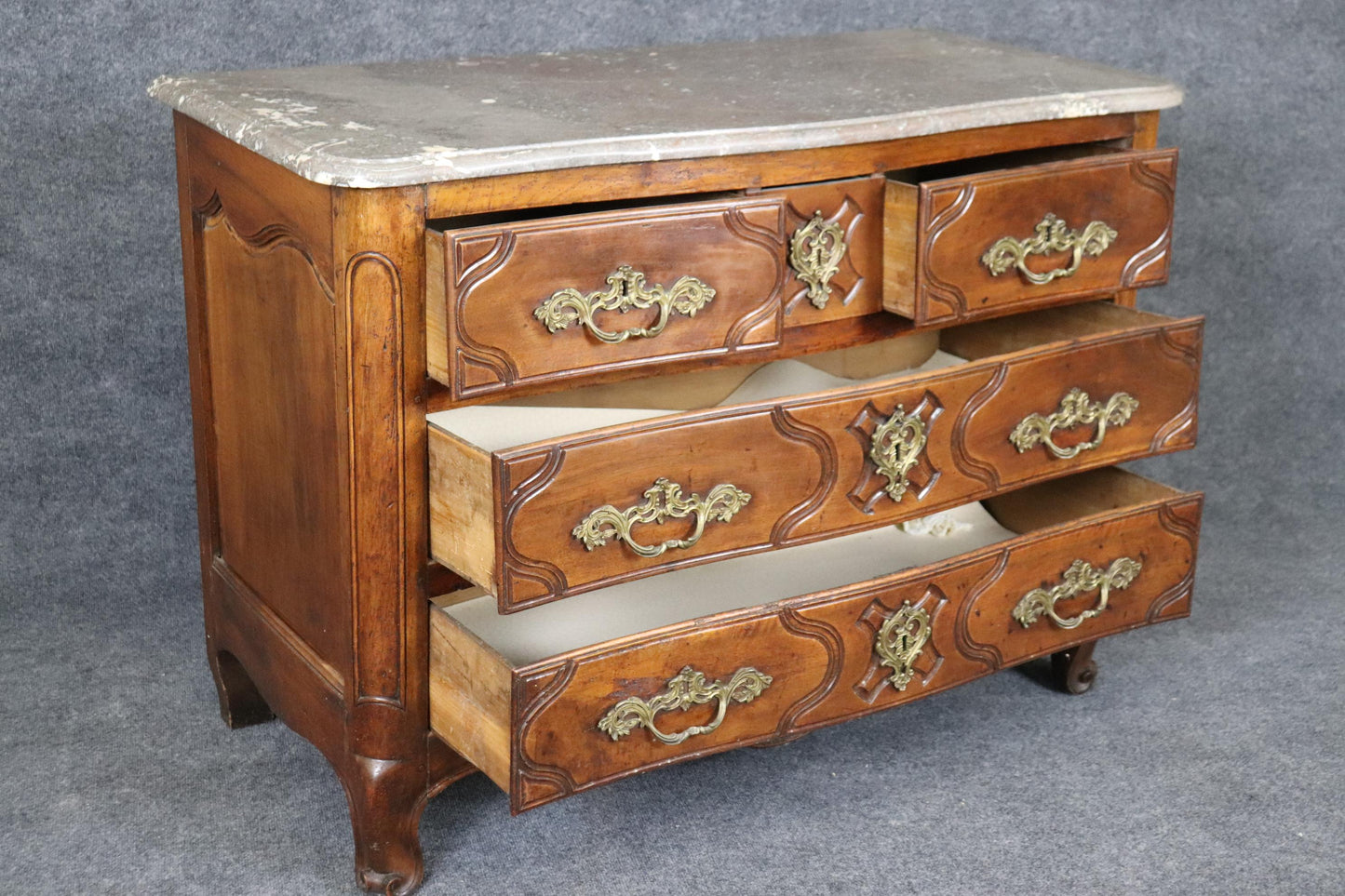 Period French Louis XV Walnut Marble Top Bronze Mounted Commode