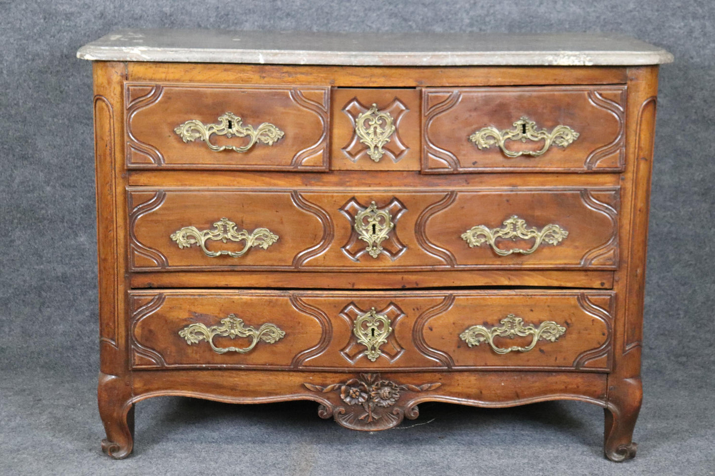 Period French Louis XV Walnut Marble Top Bronze Mounted Commode