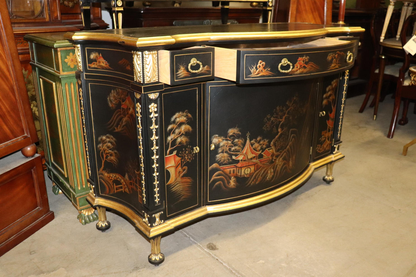 John Widdicomb Chinoiserie Paint Decorated Commode Buffet with Gilded Details