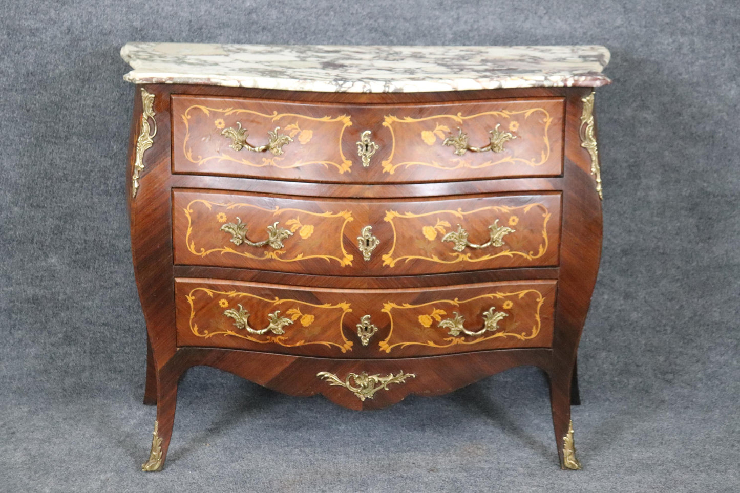 Beautifully Inlaid French Bronze Mounted Marble Top Bombe Commode