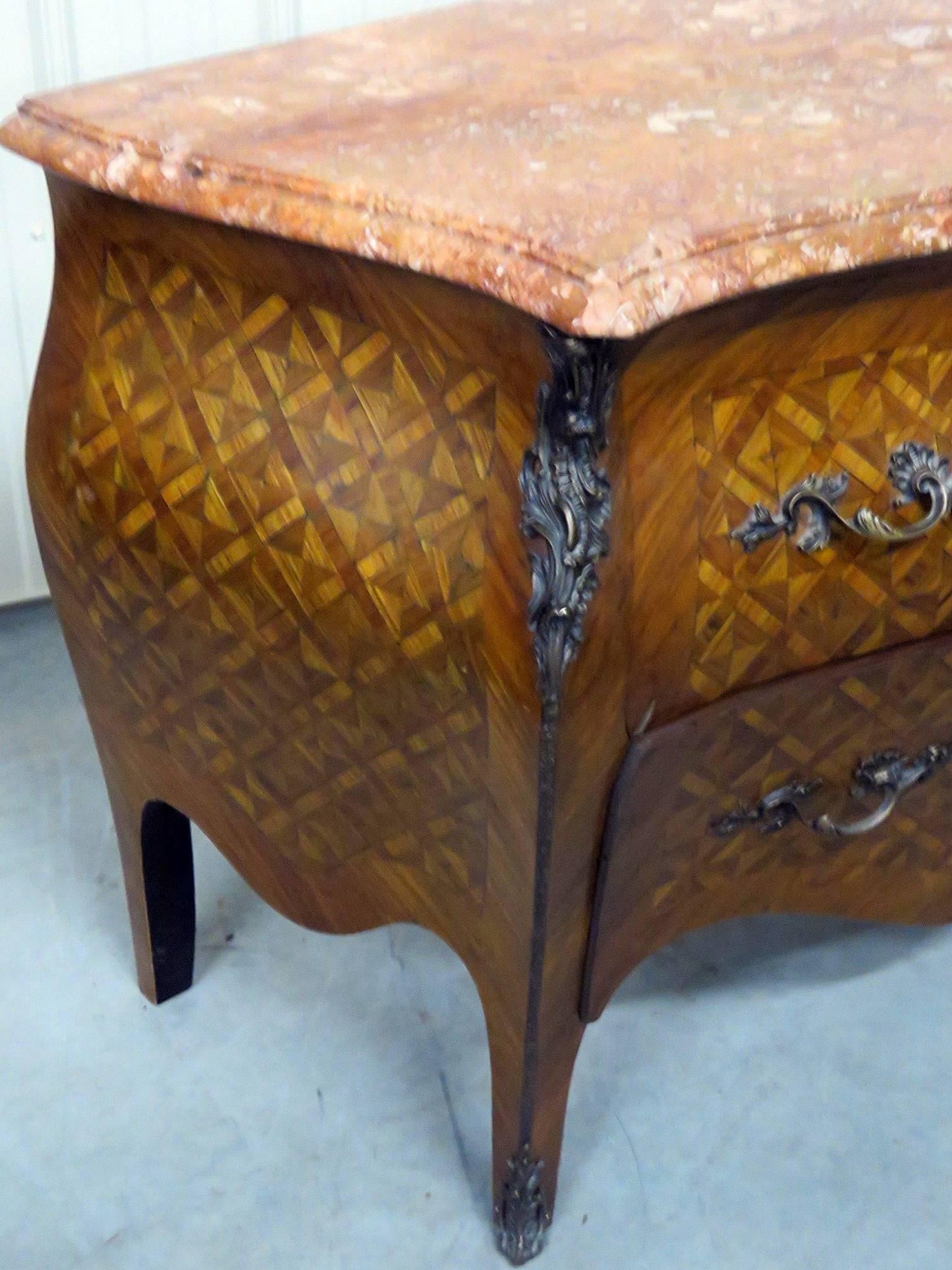 Inlaid Kingwood French Louis XV Style Marble Top Marquetry Commode Dresser