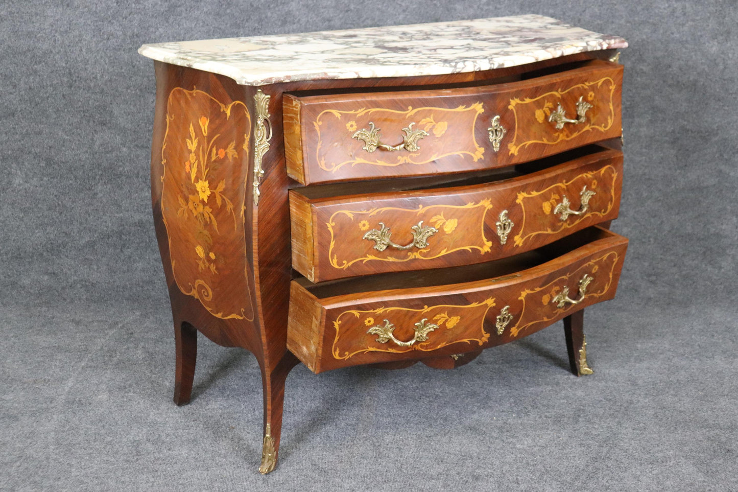 Beautifully Inlaid French Bronze Mounted Marble Top Bombe Commode