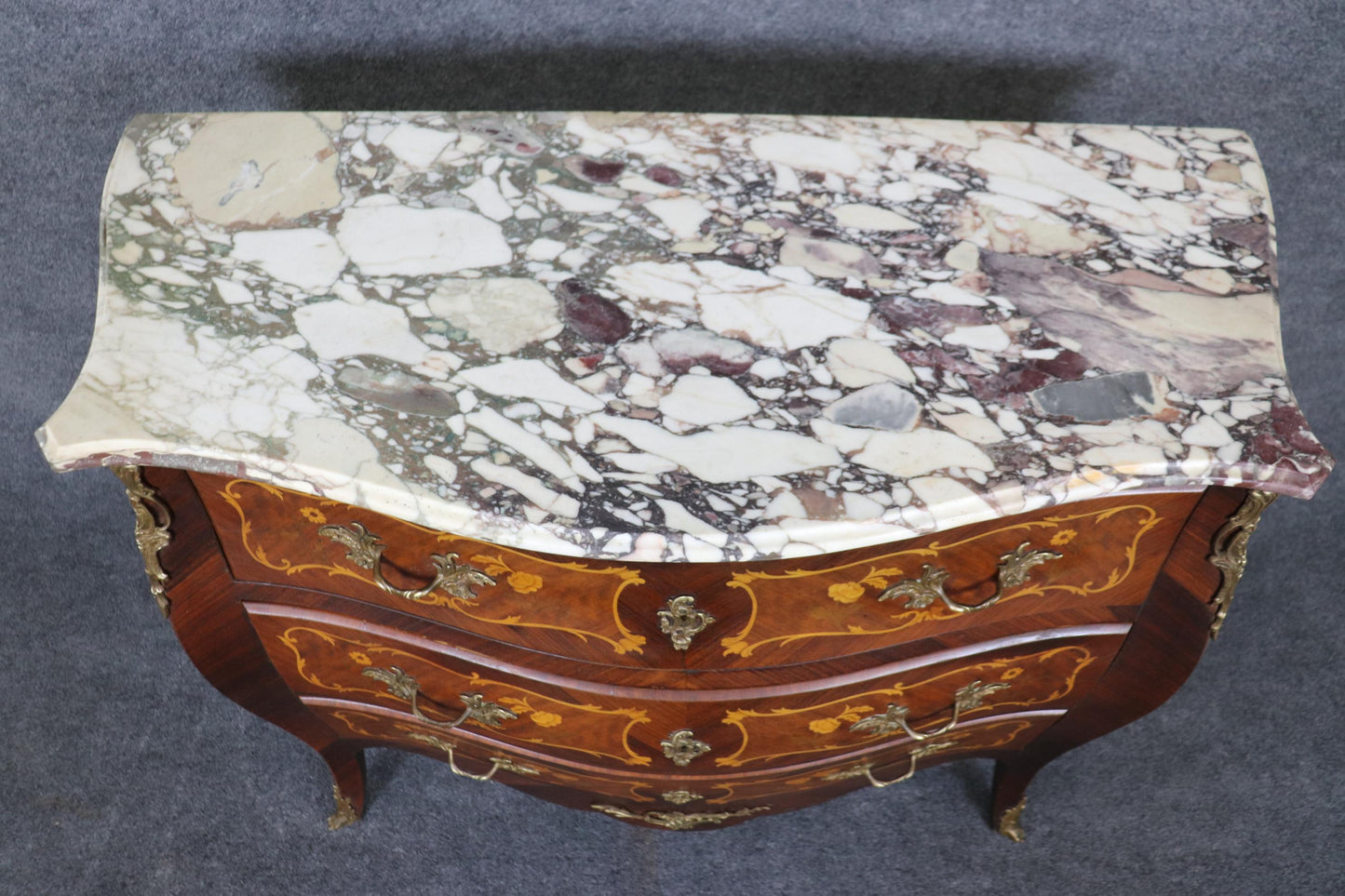 Beautifully Inlaid French Bronze Mounted Marble Top Bombe Commode