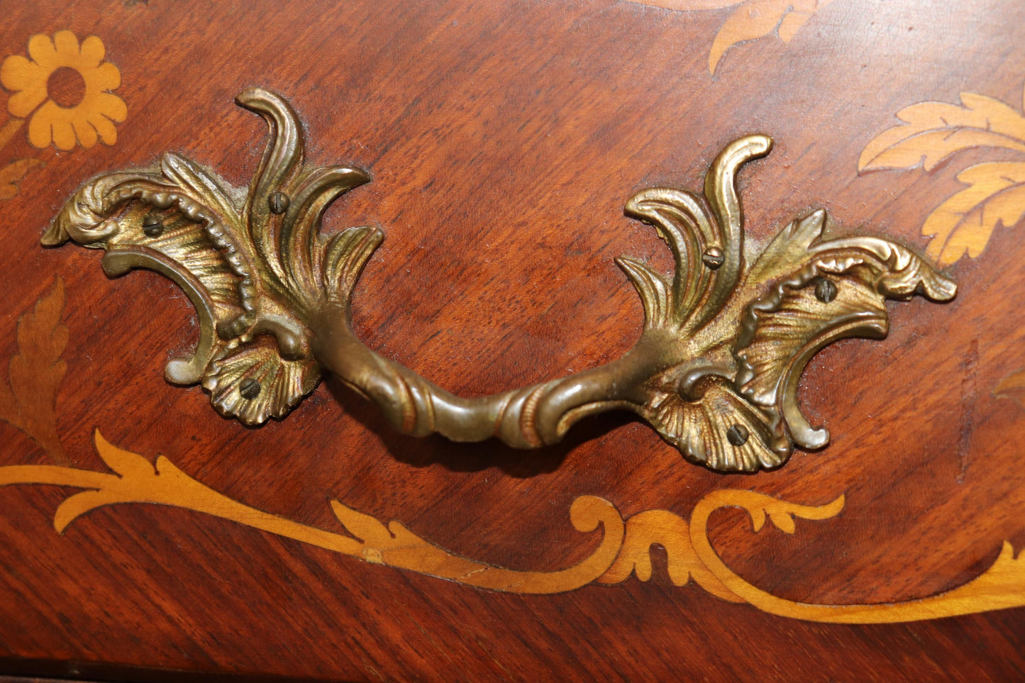 Beautifully Inlaid French Bronze Mounted Marble Top Bombe Commode