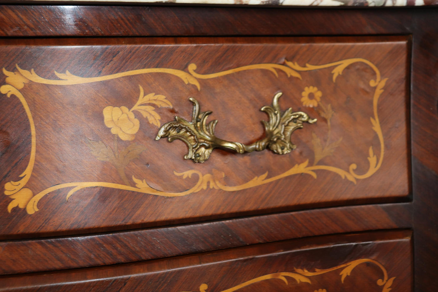 Beautifully Inlaid French Bronze Mounted Marble Top Bombe Commode