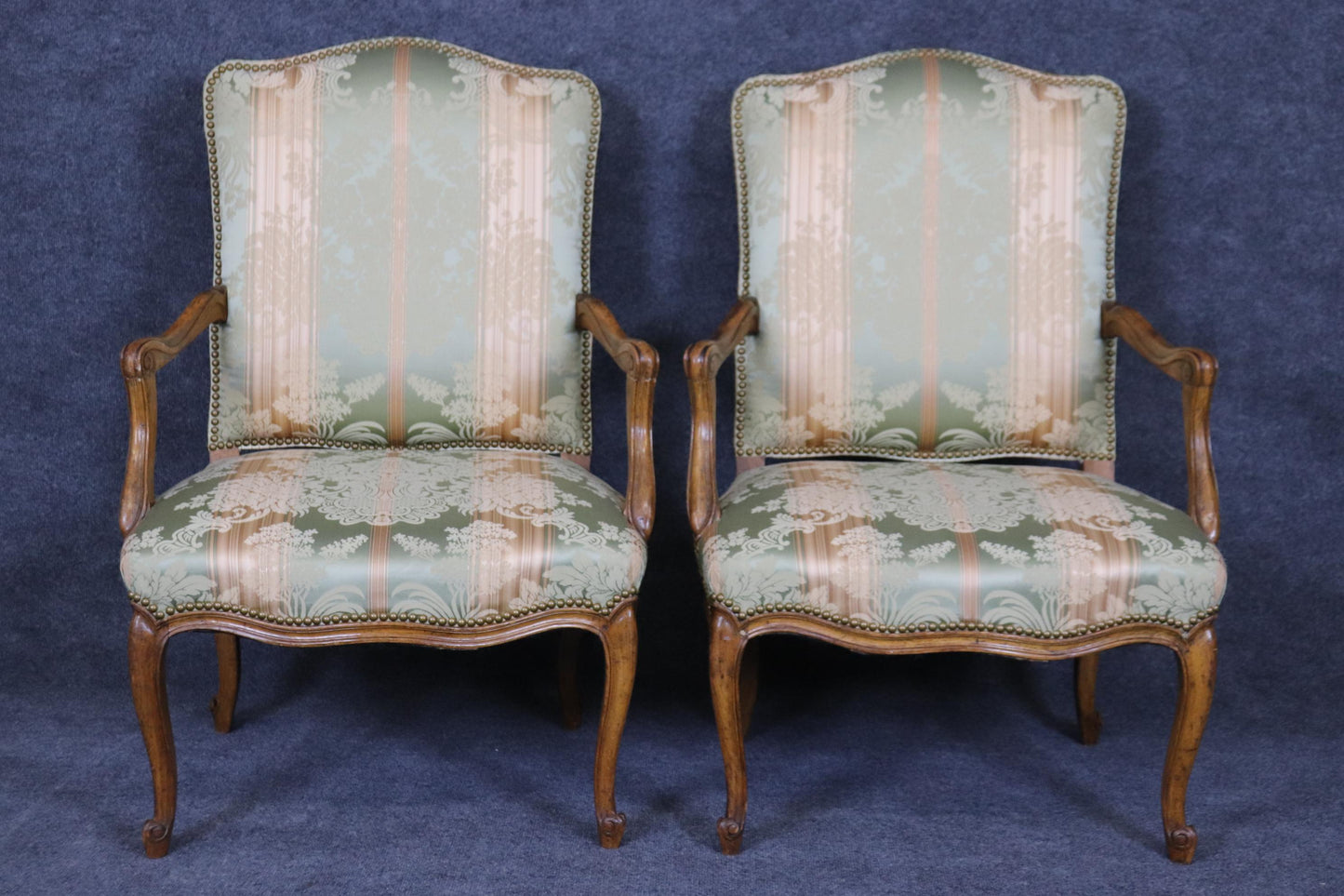 Gorgeous Pair Silk Damask Upholstered French Louis XV Style Armchairs