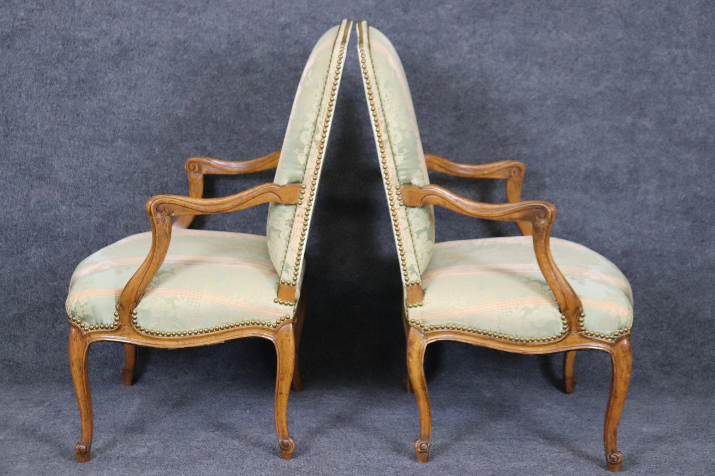 Gorgeous Pair Silk Damask Upholstered French Louis XV Style Armchairs