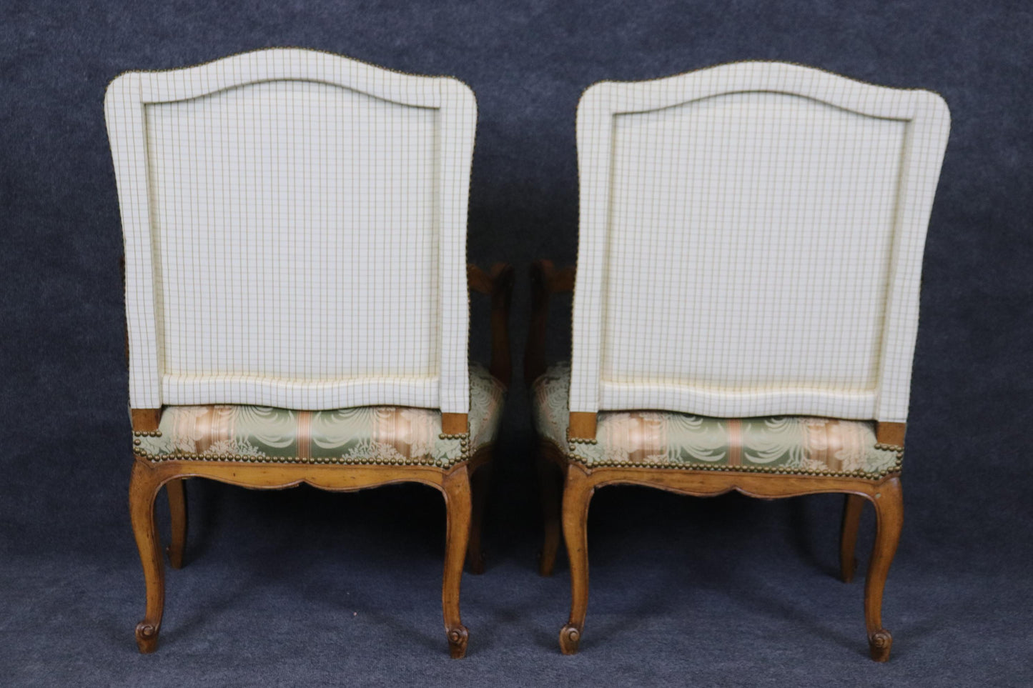 Gorgeous Pair Silk Damask Upholstered French Louis XV Style Armchairs