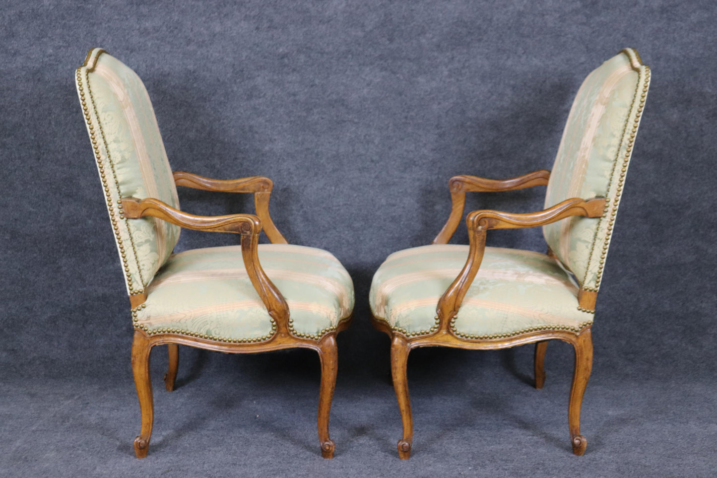 Gorgeous Pair Silk Damask Upholstered French Louis XV Style Armchairs