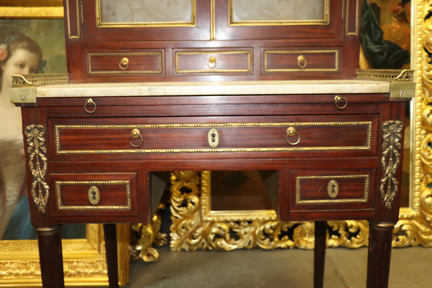 Fine Quality French Mahogany Bronze Mounted Secretary Desk Bookcase Top