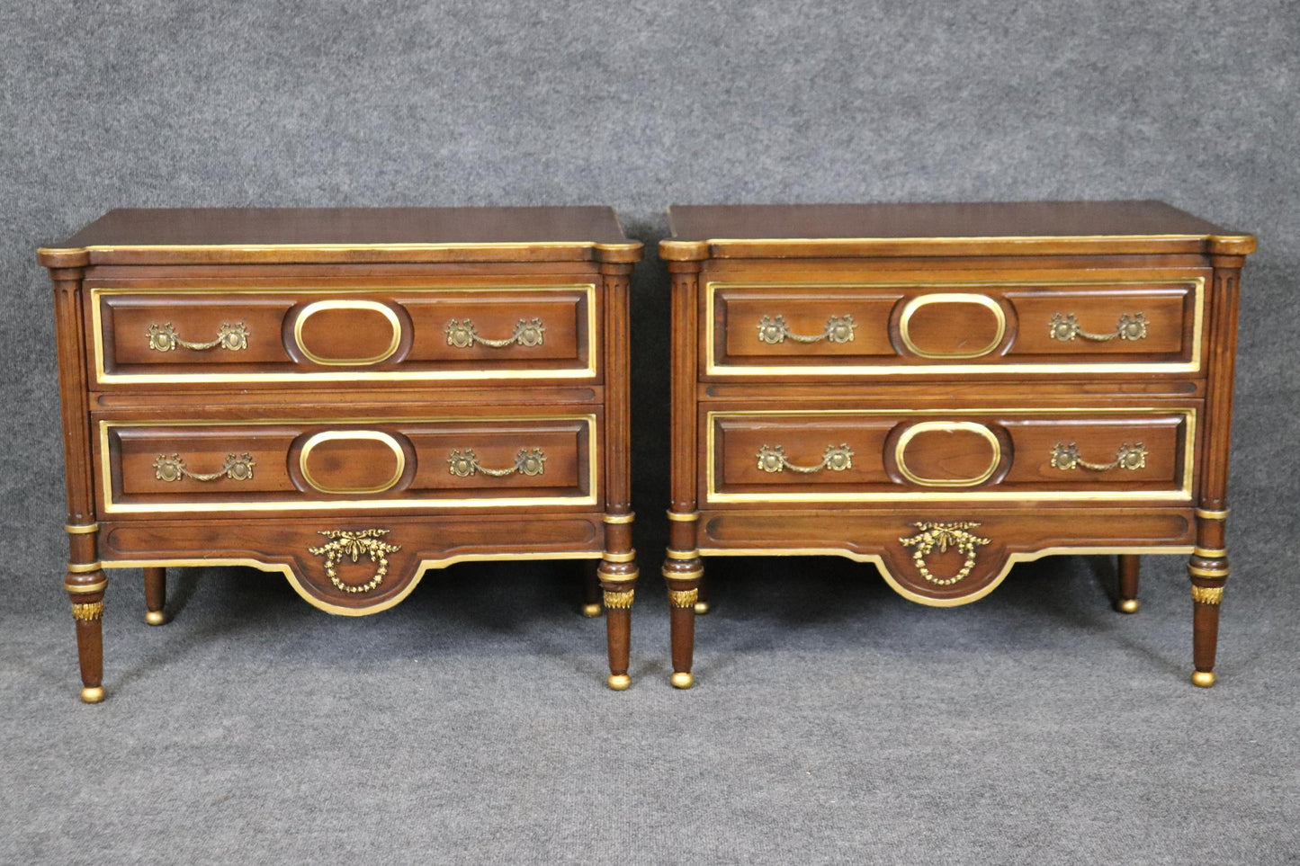 Pair of Superb Quality French Louis XVI Style Walnut and Brass Nightstands