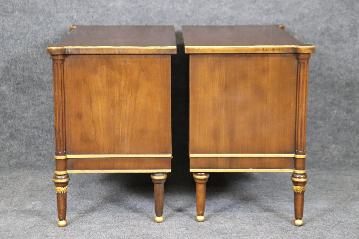 Pair of Superb Quality French Louis XVI Style Walnut and Brass Nightstands