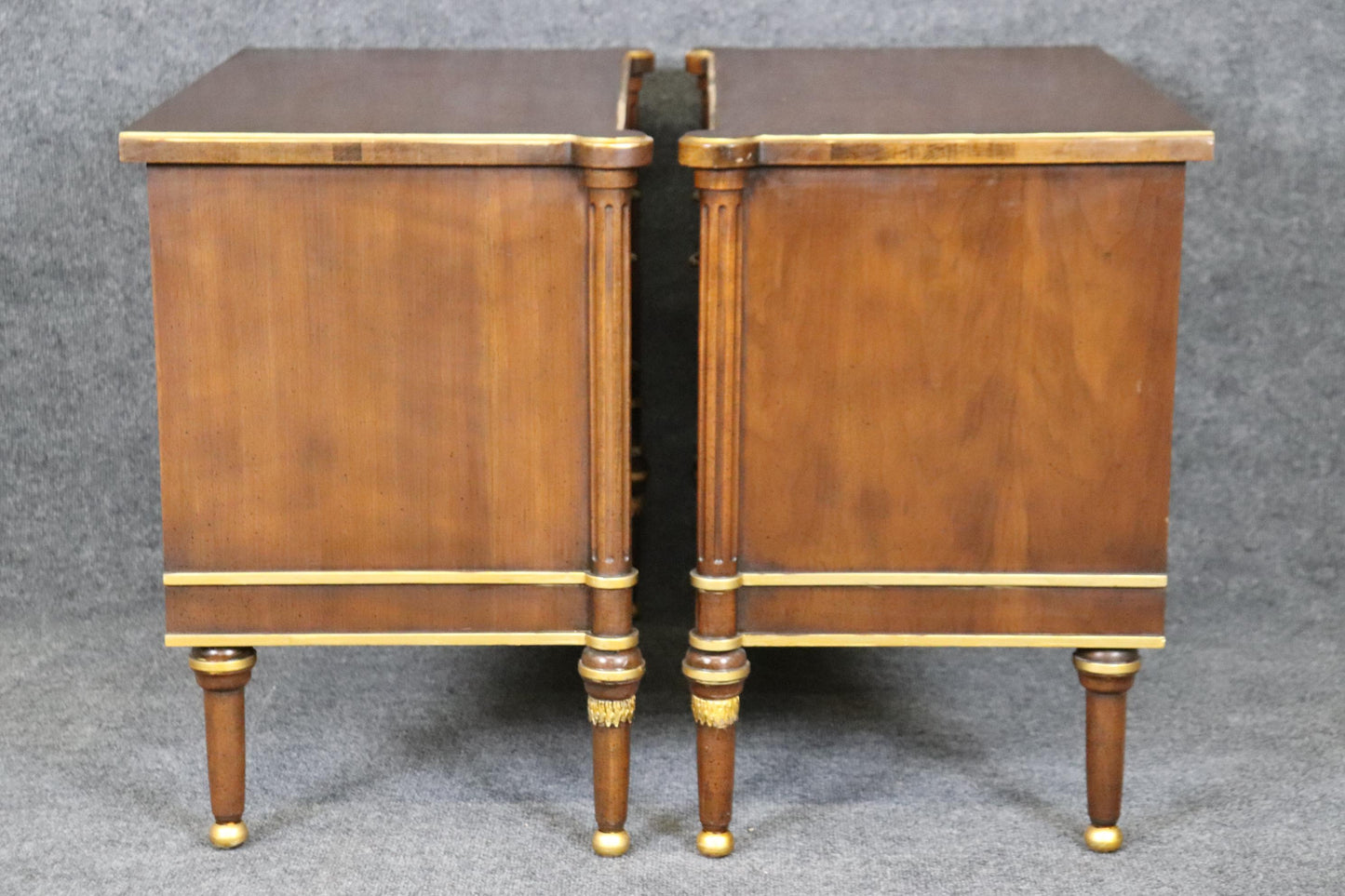 Pair of Superb Quality French Louis XVI Style Walnut and Brass Nightstands