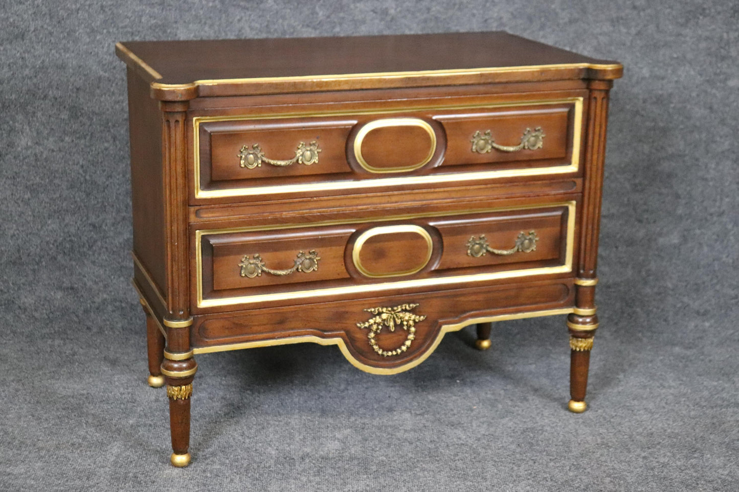 Pair of Superb Quality French Louis XVI Style Walnut and Brass Nightstands