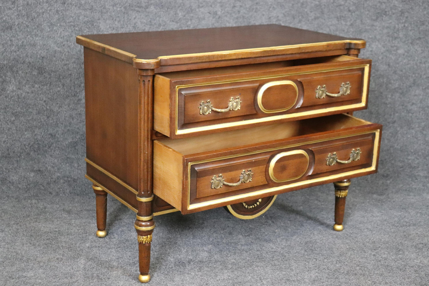 Pair of Superb Quality French Louis XVI Style Walnut and Brass Nightstands