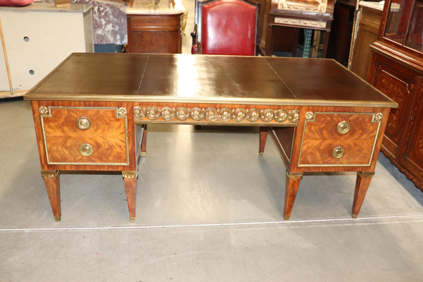 Rare Flame Mahogany Bronze Mounted Leather Top Francois Linke Desk Bureau Plat