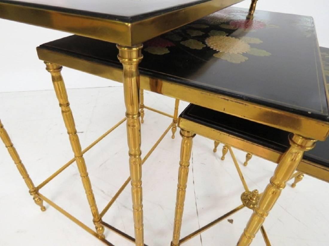 Set Brass French Maison Bagues Style Faux Bamboo Form Chinoiserie Nesting Tables