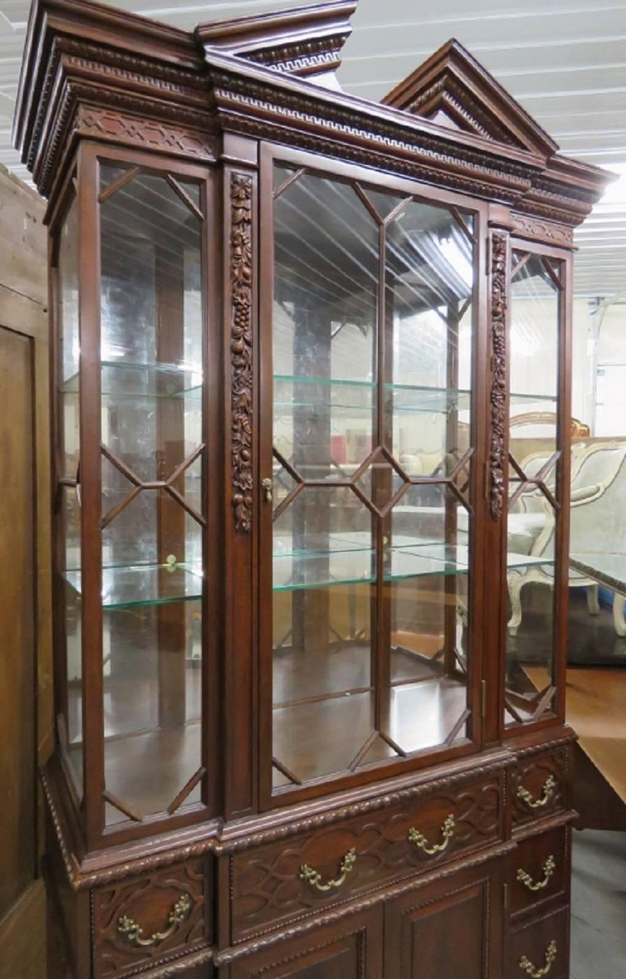 Georgian Carved Jonathan Charles Flame Mahogany Narrow China Cabinet Breakfront