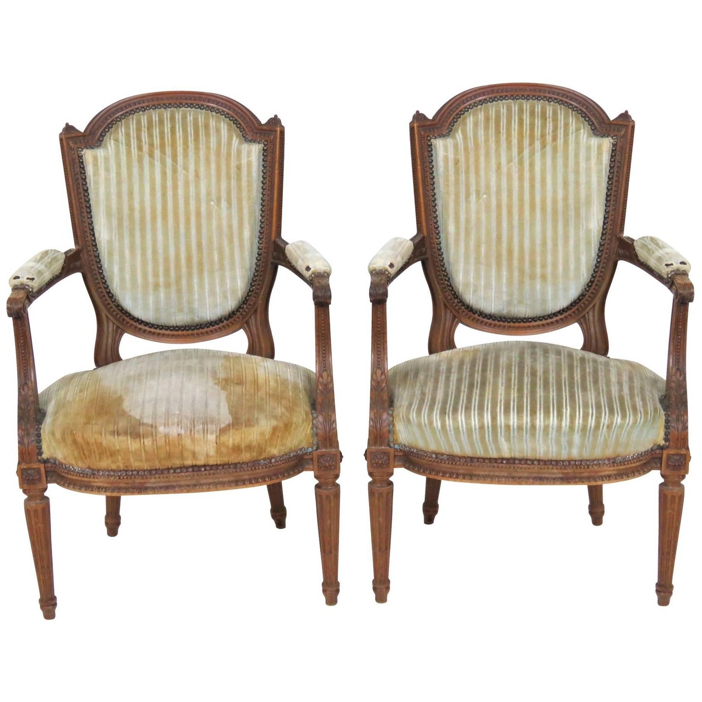 Pair of Antique Louis XVI Style Carved Walnut Fauteuils Arm Chairs