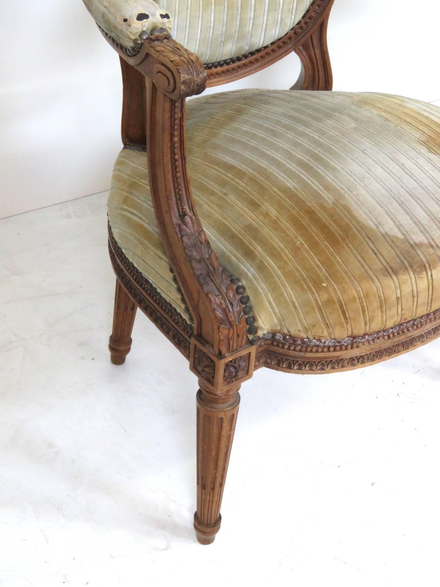 Pair of Antique Louis XVI Style Carved Walnut Fauteuils Arm Chairs